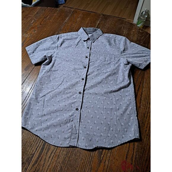 Large Craft & Flow Grey Palm Tree Short Sleeve Button Cotton Shirt Tropical - Picture 1 of 3
